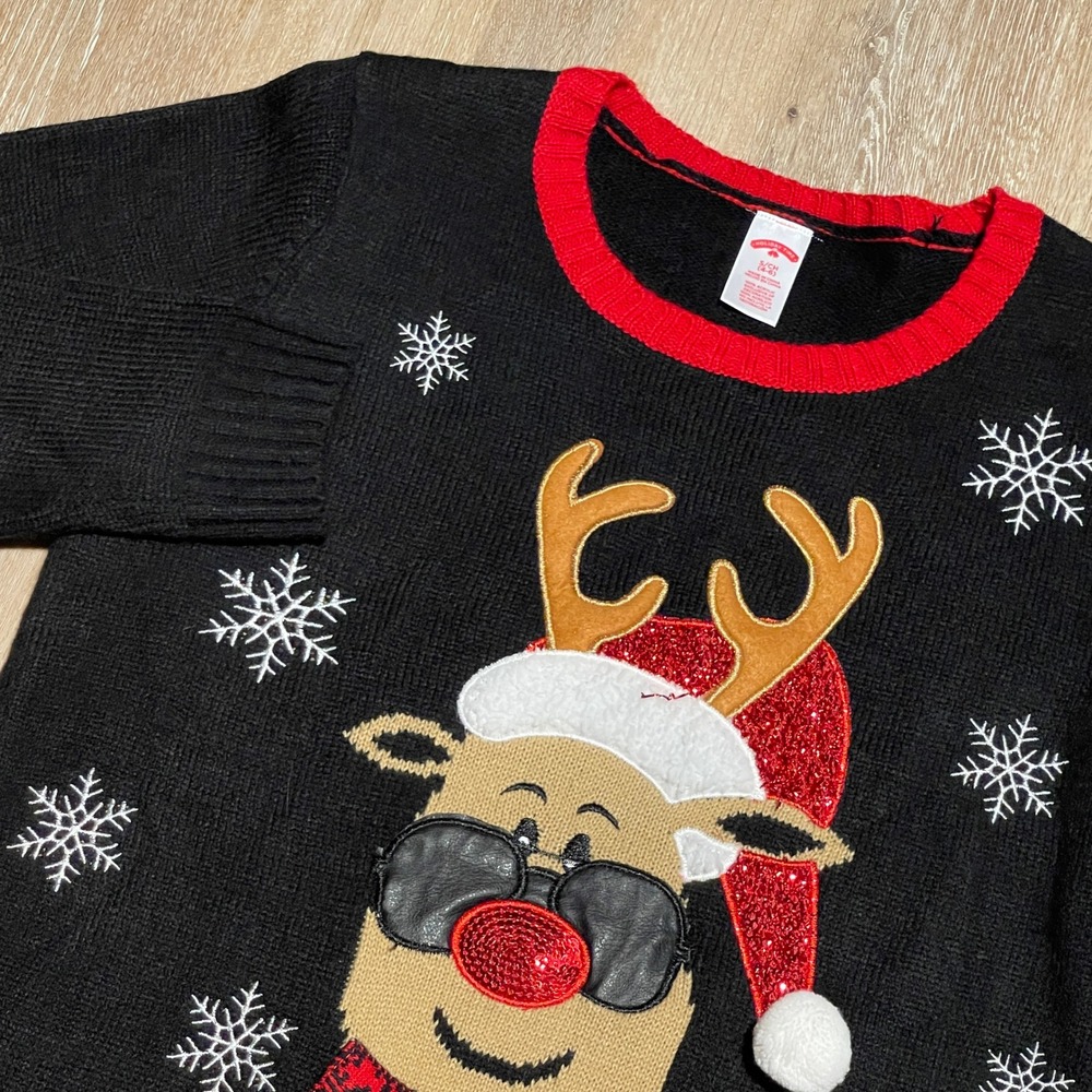 Holiday Time Ugly Christmas Sweater Reindeer Santa Hat Snowflake Black Red S EUC